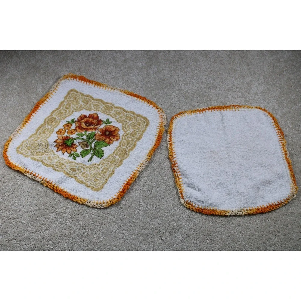 Vintage Handmade Crochet‎ Edge Washcloths Set of 2 Floral 12in Bathroom Towels